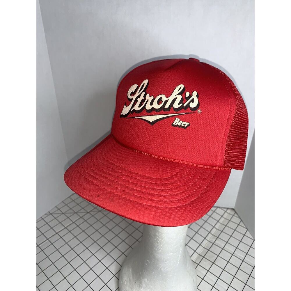 Vintage Stroh's Beer Trucker Mesh Hat Snapback Red Showboat Foam Crown